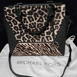 Michael Kors Leopard Print Satchel with Black Accents, Medium Size